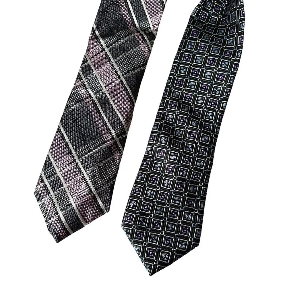 Lot of 2 IKE Behar Men Neckties Purple Plaid Striped Square Print Geometric Ties
